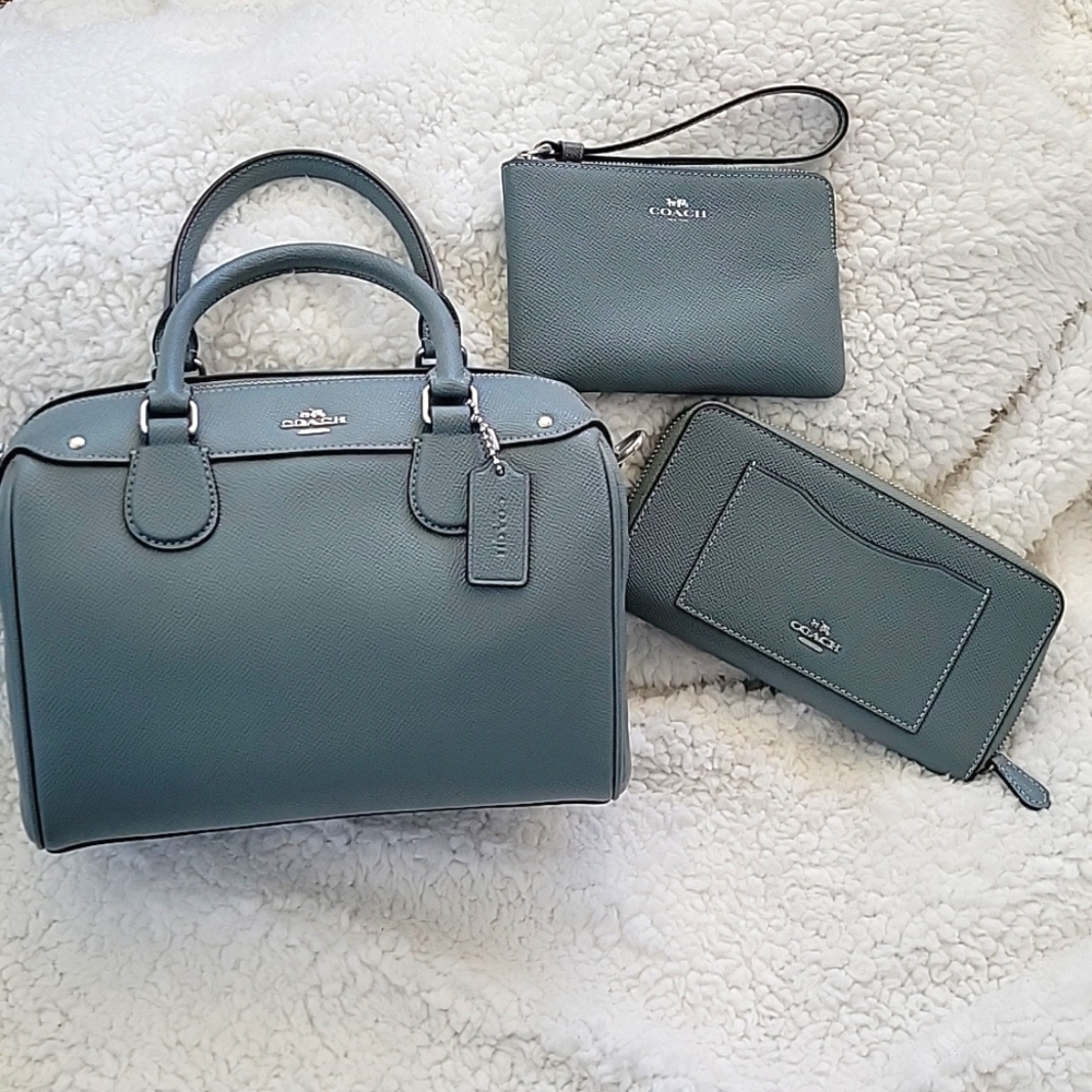 Coach Mini Handbag, wristlet and wallet sold together or separately. Sage green